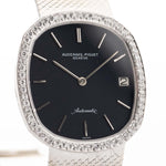 Closeup Photo of a vintage Audemars Piguet Ellipse 18k Diamond Black from the 1970s. 33mm case in 18k White Gold with Automatic Cal. 2121, Flawless Original Black Dial, 60 Diamonds and Adjustable Bracelet.