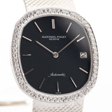 Closeup Photo of a vintage Audemars Piguet Ellipse 18k Diamond Black from the 1970s. 33mm case in 18k White Gold with Automatic Cal. 2121, Flawless Original Black Dial, 60 Diamonds and Adjustable Bracelet.