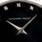 Closeup Photo of a Audemars Piguet Octagon Black Dial Diamond from the 1970s on a wrist. 31.5mm case in 18k White Gold with Manual Wind Caliber 2003, Black Dial with Diamond Markers ad Adjustable 18k Bracelet.
