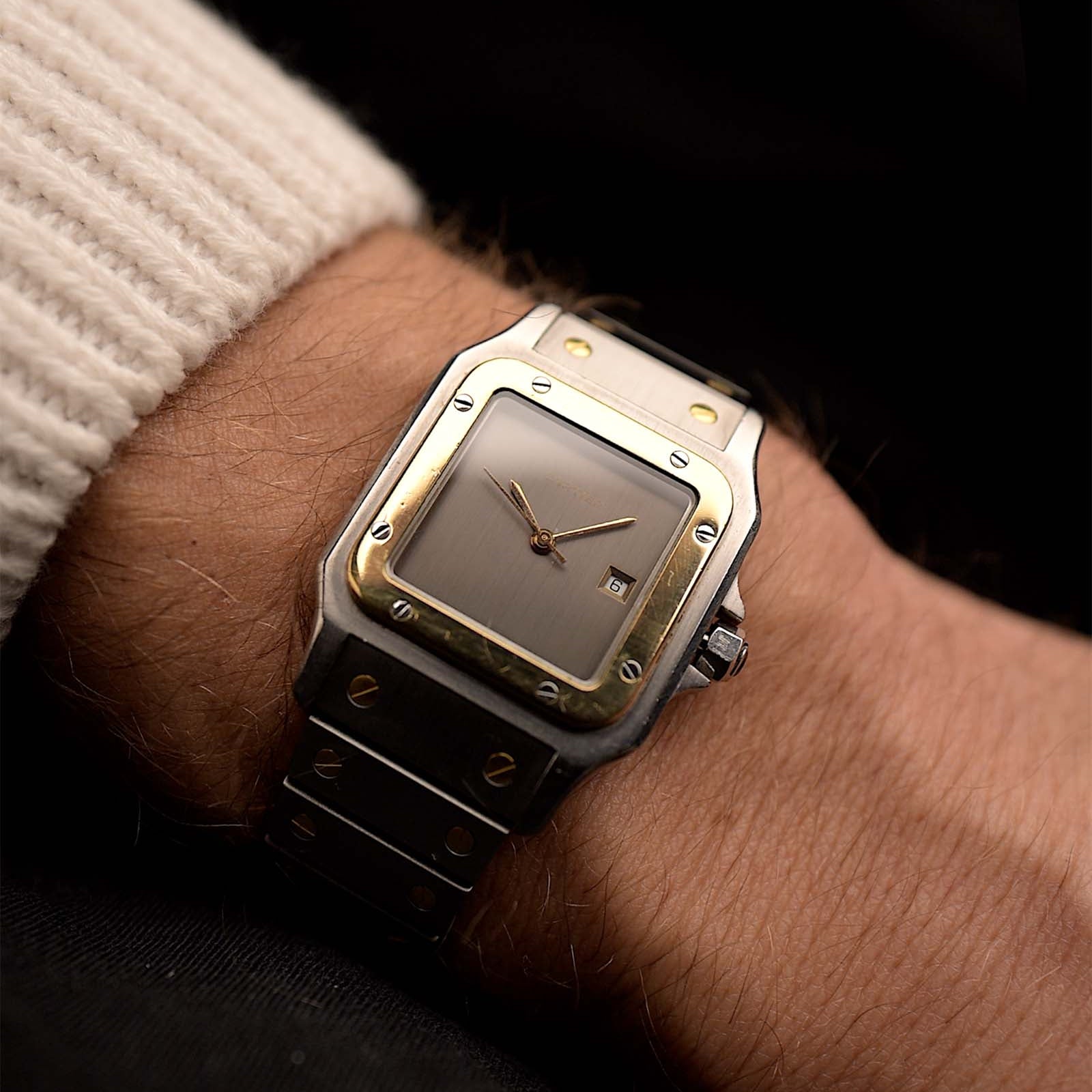 Vintage Cartier Santos Carree 2961 Ghost  from 1988 on a wrist. 29mm in Two-tone steel & 18k yellow gold with Automatic movement, Original slate grey dial and Two-tone bracelet.