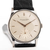 Vintage IWC Cal. 83 Sub Second Watch with a black leather strap against a white background. 32mm wide, Stainless Steel case with Manual Cal. 83 movement, Silver dial and Black Leather Strap.