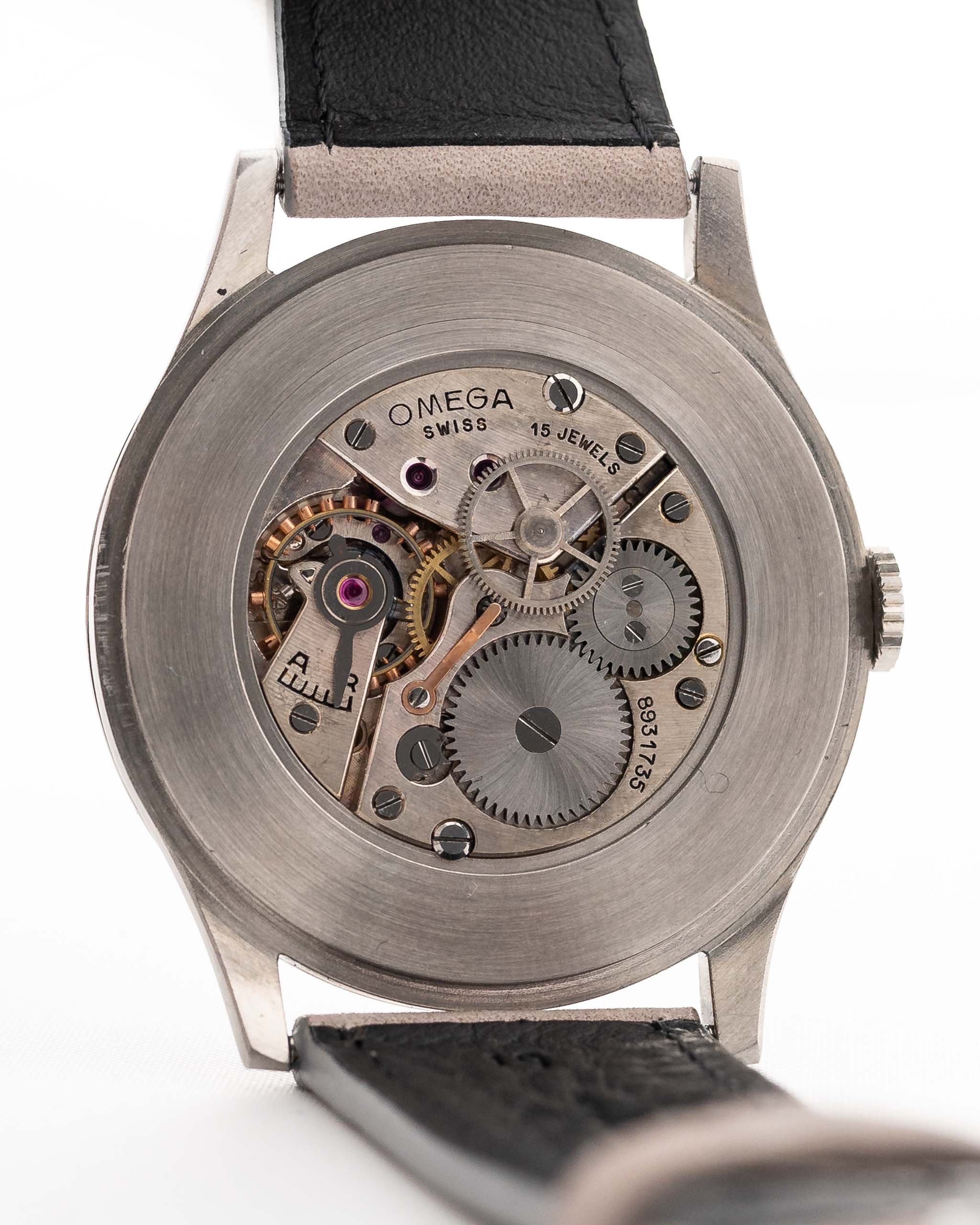 Closeup of a Vintage Omega Jumbo Radium from 1935 Movement. 37.5mm with Stainless Steel Case, Manual Wind Movement, Original Silver Railroad Dial and Leather Strap.