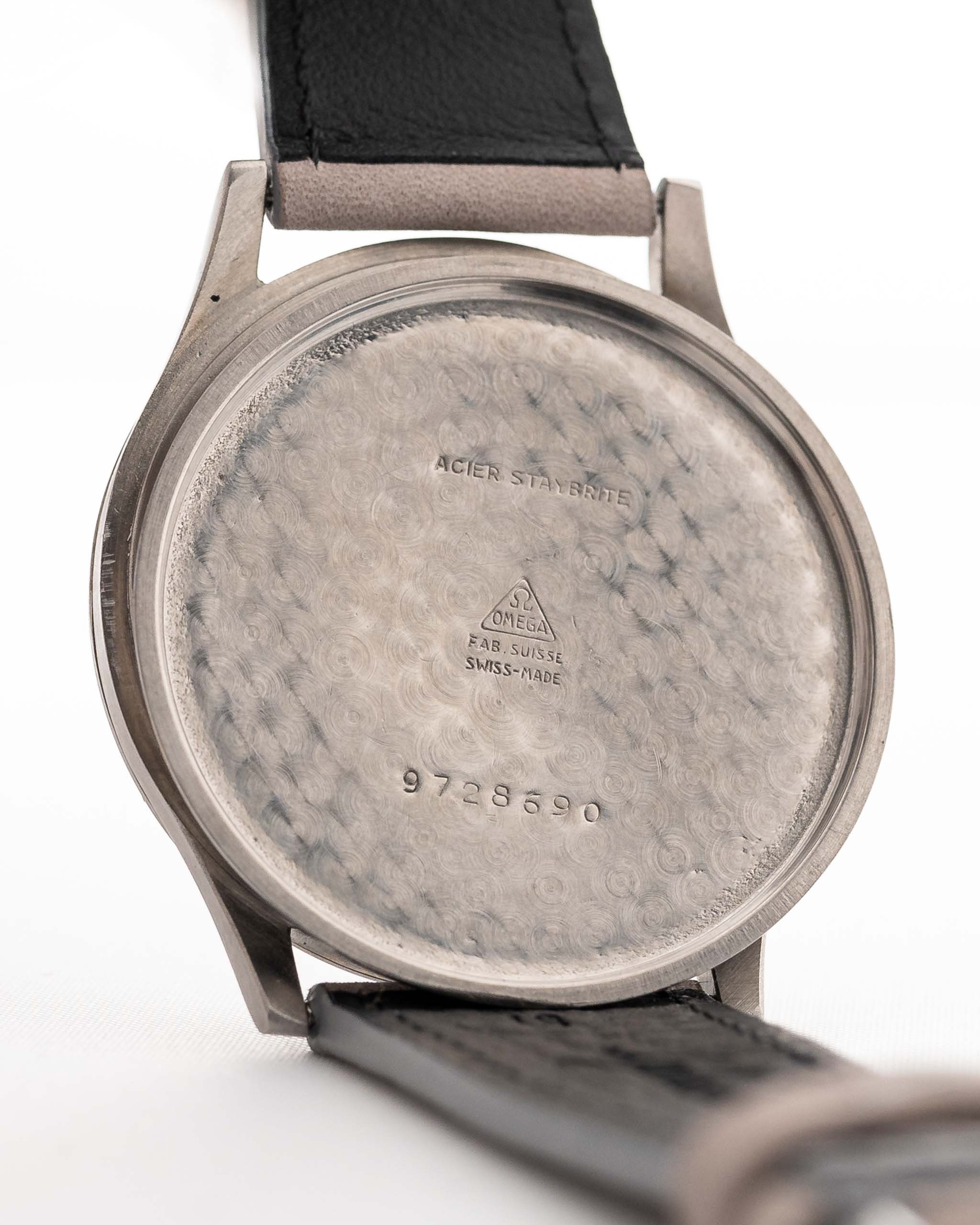Closeup of a Vintage Omega Jumbo Radium from 1935 Case. 37.5mm with Stainless Steel Case, Manual Wind Movement, Original Silver Railroad Dial and Leather Strap.