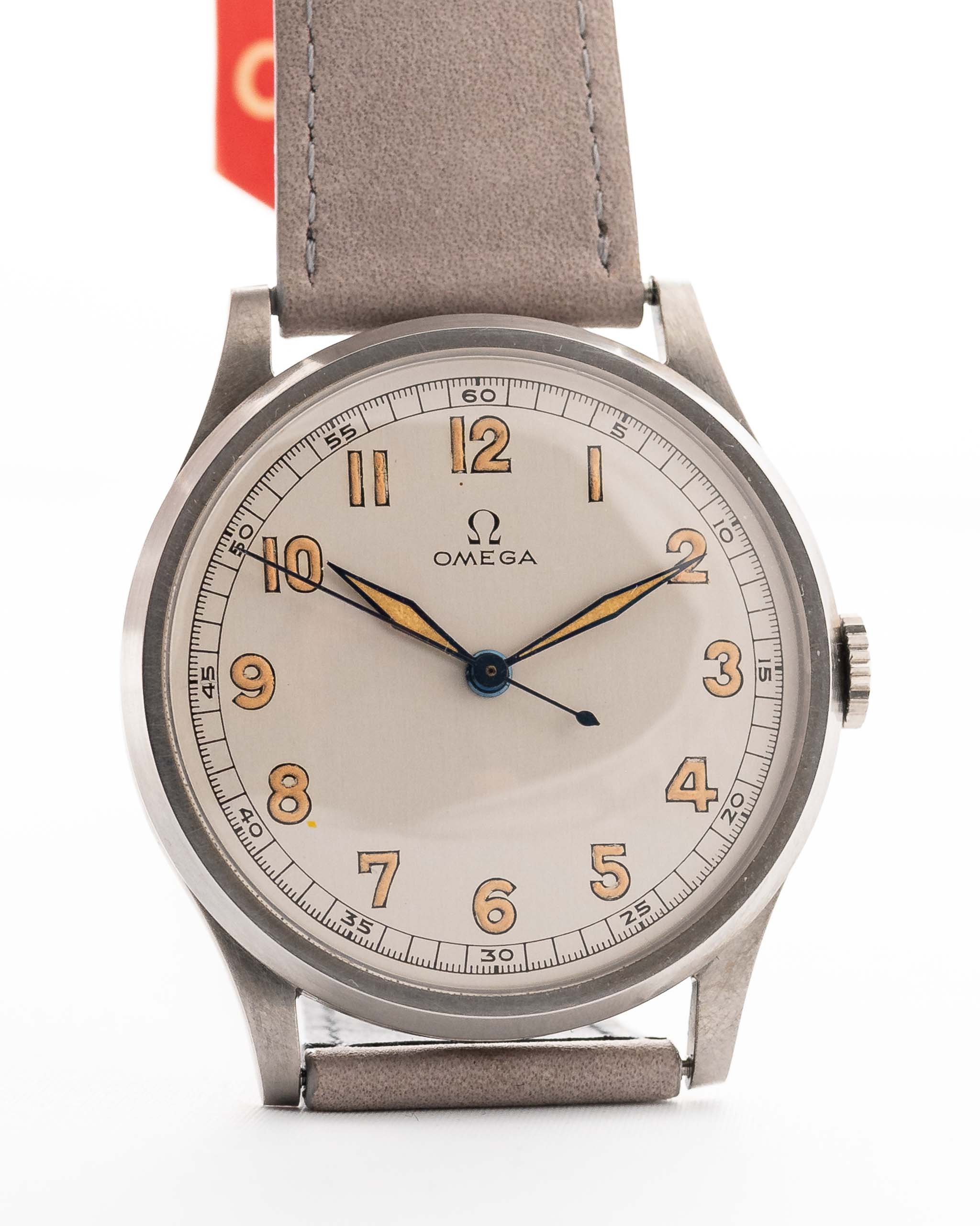 Closeup of a Vintage Omega Jumbo Radium from 1935 Silver Railroad Dial. 37.5mm with Stainless Steel Case, Manual Wind Movement, Original Silver Railroad Dial and Leather Strap.