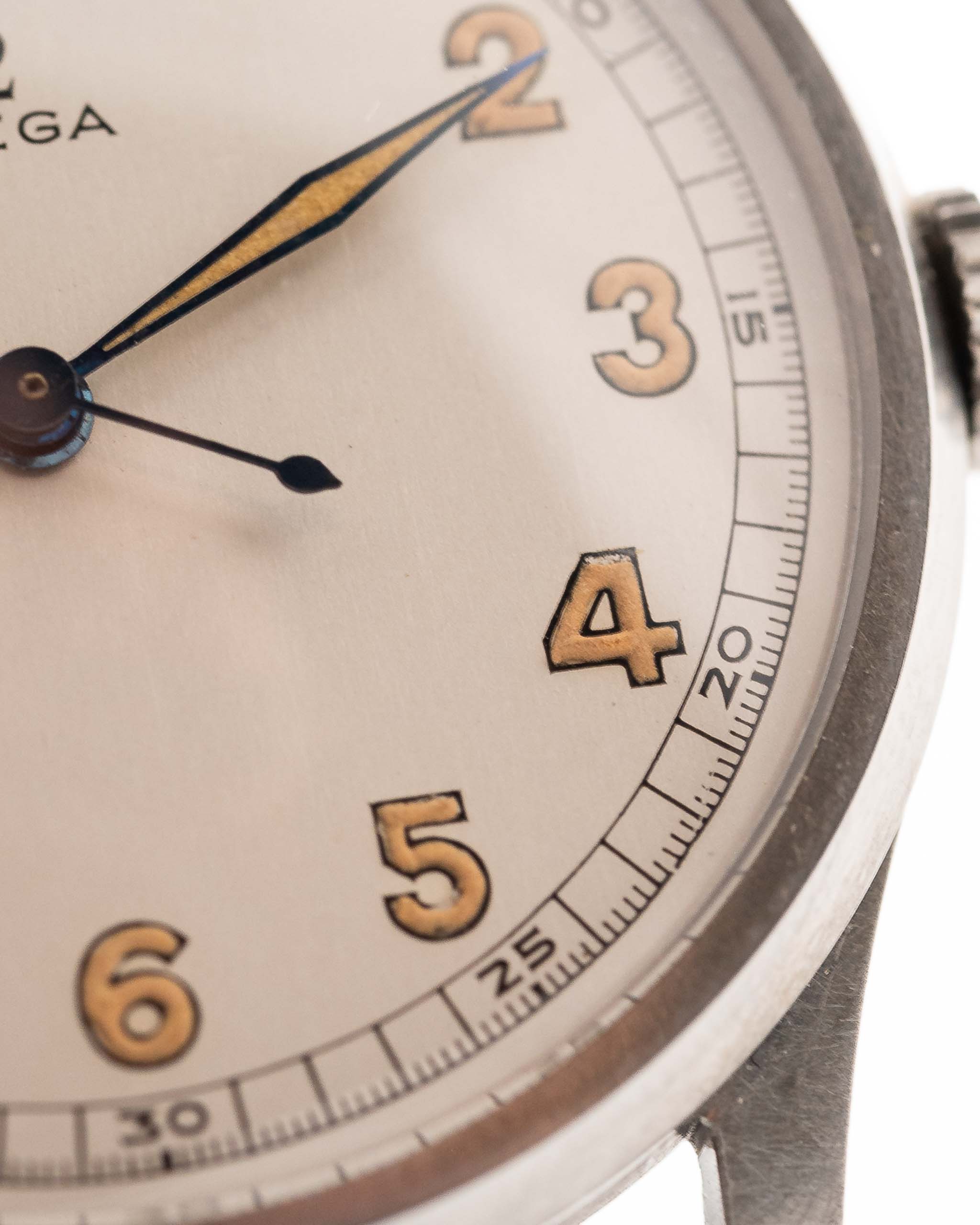 Closeup of a Vintage Omega Jumbo Radium from 1935 Silver Railroad Dial. 37.5mm with Stainless Steel Case, Manual Wind Movement, Original Silver Railroad Dial and Leather Strap.