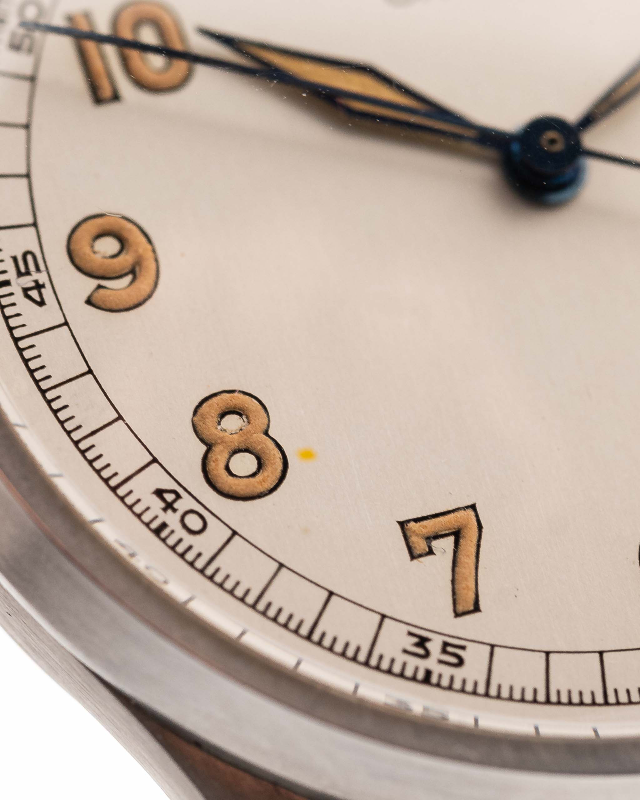 Closeup of a Vintage Omega Jumbo Radium from 1935 Silver Railroad Dial. 37.5mm with Stainless Steel Case, Manual Wind Movement, Original Silver Railroad Dial and Leather Strap.