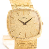 Closeup Photo of a Piaget TV 12401 Automatic 18k from the 1970s. 32.5mm Case in 18k Yellow Gold with Automatic Movement, Original flawless Hammered Dial and Integrated 18k Bracelet.