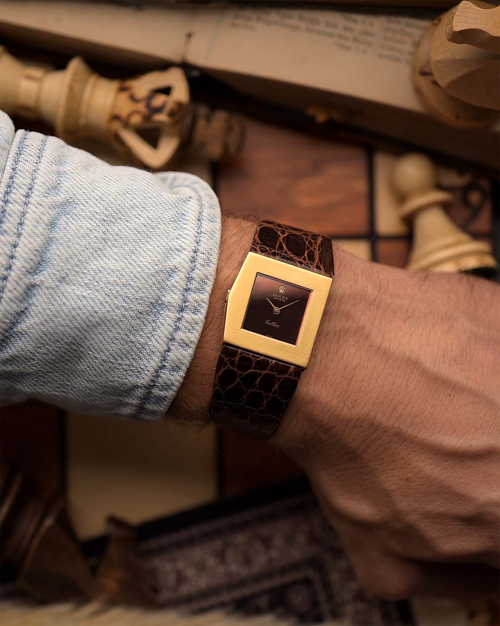 Vintage Rolex Cellini 4017 Watch Midas Ruby Red from the 1970s on a wrist.