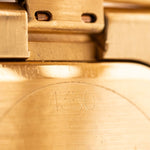 Closeup Photo of a Rolex Cellini 4350 Octagon 18k Silver Dial from 1981 on a wrist. 27mm in 18k Yellow Gold with Manual Wind Movement, Flawless Horizontal Brushed Dial and President Bracelet.