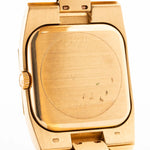 Closeup Photo of a Rolex Cellini 4350 Octagon 18k Silver Dial from 1981 on a wrist. 27mm in 18k Yellow Gold with Manual Wind Movement, Flawless Horizontal Brushed Dial and President Bracelet.