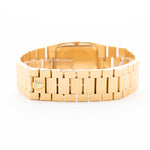 Closeup Photo of a Rolex Cellini 4350 Octagon 18k Silver Dial from 1981 on a wrist. 27mm in 18k Yellow Gold with Manual Wind Movement, Flawless Horizontal Brushed Dial and President Bracelet.