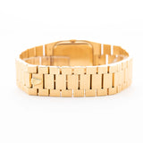 Closeup Photo of a Rolex Cellini 4350 Octagon 18k Silver Dial from 1981 on a wrist. 27mm in 18k Yellow Gold with Manual Wind Movement, Flawless Horizontal Brushed Dial and President Bracelet.