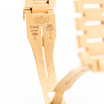 Closeup Photo of a Rolex Cellini 4350 Octagon 18k Silver Dial from 1981 on a wrist. 27mm in 18k Yellow Gold with Manual Wind Movement, Flawless Horizontal Brushed Dial and President Bracelet.