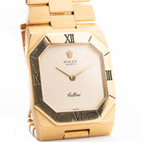 Closeup Photo of a Rolex Cellini 4350 Octagon 18k Silver Dial from 1981 on a wrist. 27mm in 18k Yellow Gold with Manual Wind Movement, Flawless Horizontal Brushed Dial and President Bracelet.