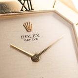 Closeup Photo of a Rolex Cellini 4350 Octagon 18k Silver Dial from 1981 on a wrist. 27mm in 18k Yellow Gold with Manual Wind Movement, Flawless Horizontal Brushed Dial and President Bracelet.