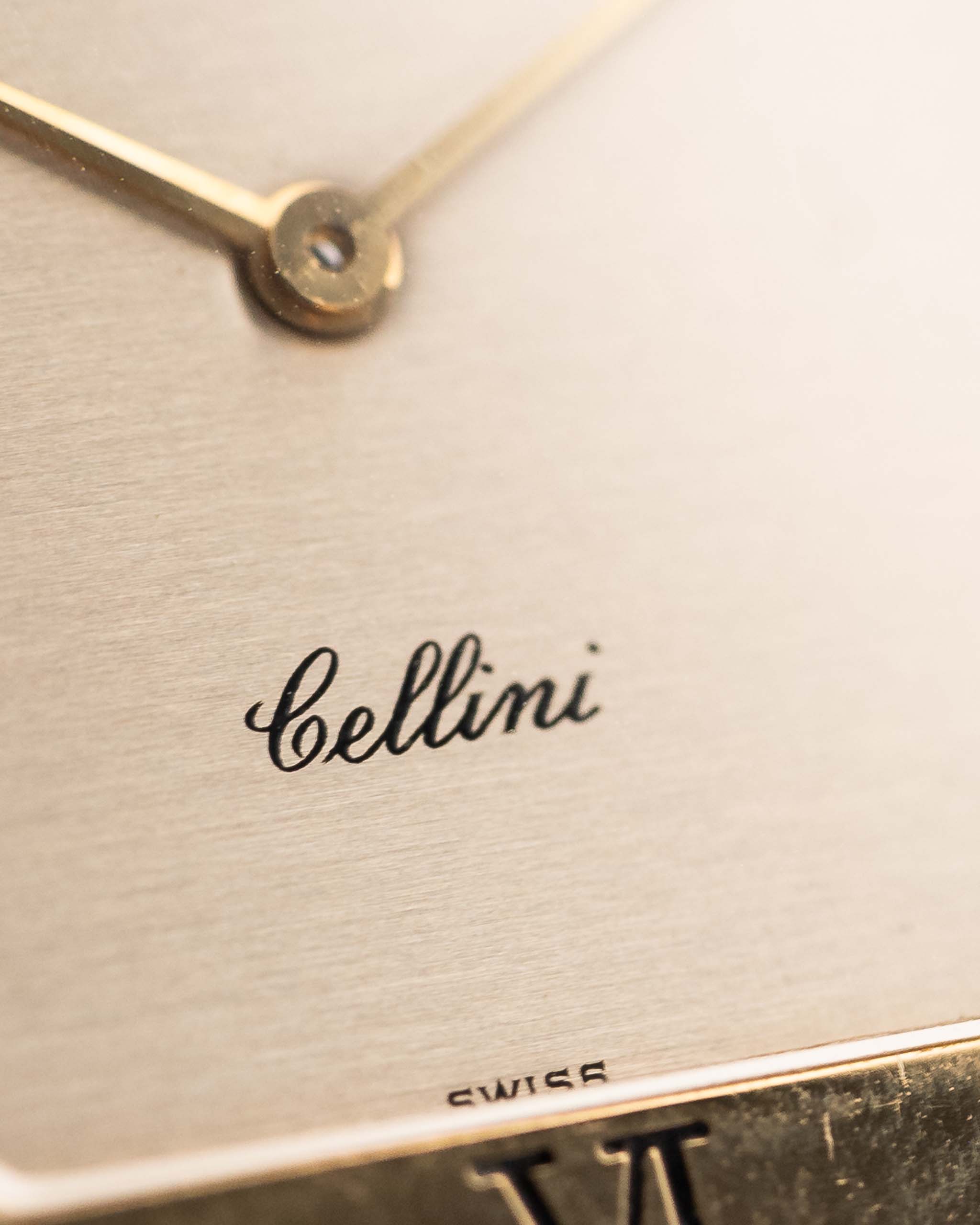 Closeup Photo of a Rolex Cellini 4350 Octagon 18k Silver Dial from 1981 on a wrist. 27mm in 18k Yellow Gold with Manual Wind Movement, Flawless Horizontal Brushed Dial and President Bracelet.