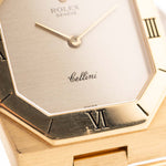 Closeup Photo of a Rolex Cellini 4350 Octagon 18k Silver Dial from 1981 on a wrist. 27mm in 18k Yellow Gold with Manual Wind Movement, Flawless Horizontal Brushed Dial and President Bracelet.