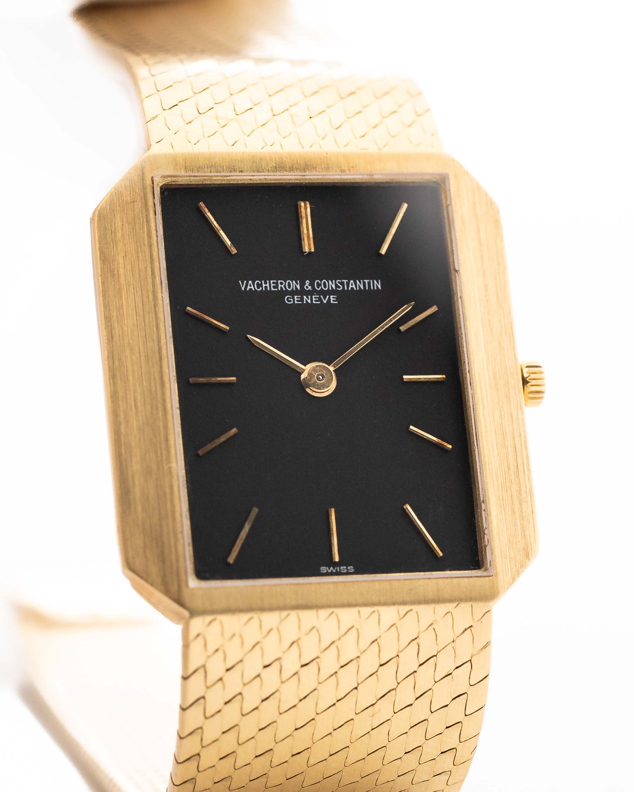 Vintage Vacheron Constantin 7457 Rectangular from the 1970s. 18k Yellow Gold Case with Original black dial and Gold bracelet.