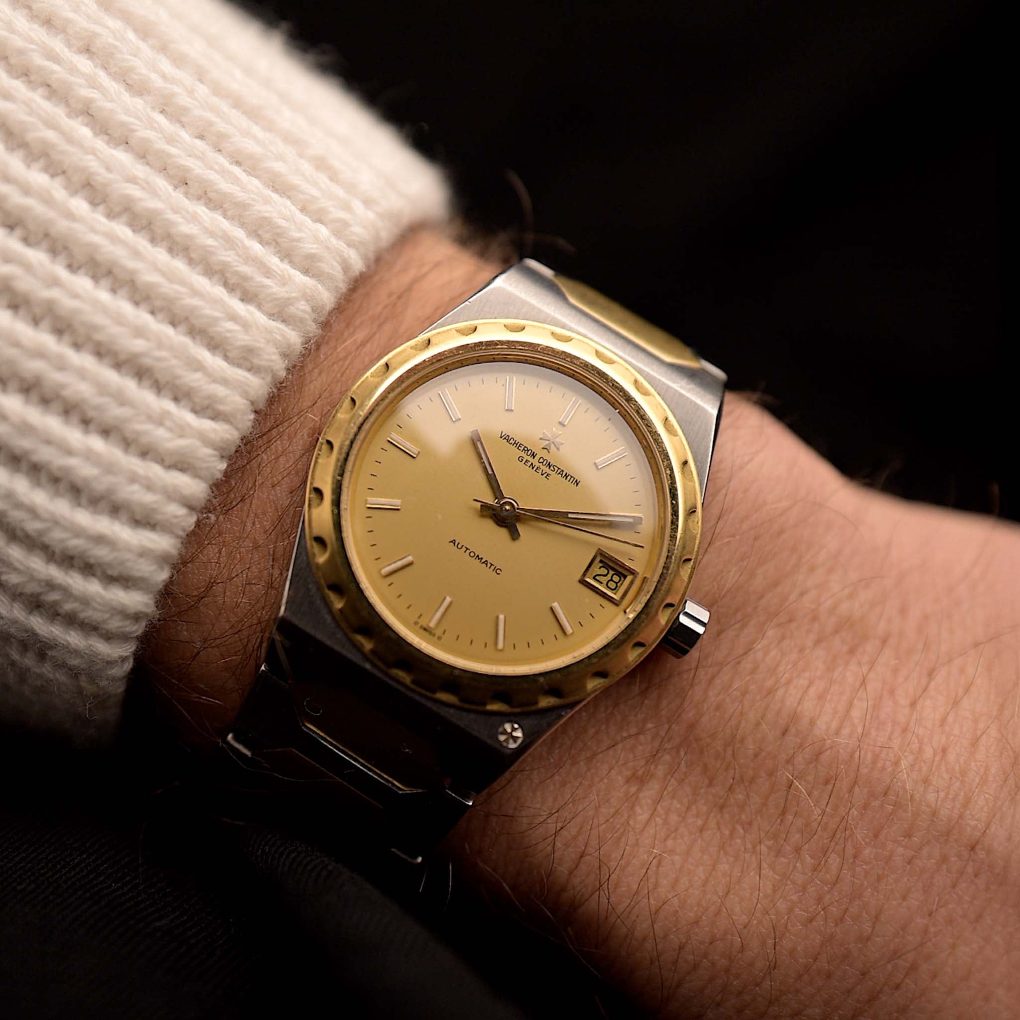 Vintage Vacheron Constantin 222 Two Tone watch 1980s, 33.5mm stainless steel and 18k gold case, automatic Caliber 1124, gold dial on wrist