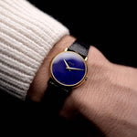 Video of a Vintage Piaget 9005 Lapislazuli from the 1970s on a wrist. In 18k Yellow Gold, 25mm, Manual wind movement, Original Lapislazuli dial and Original Leather strap.