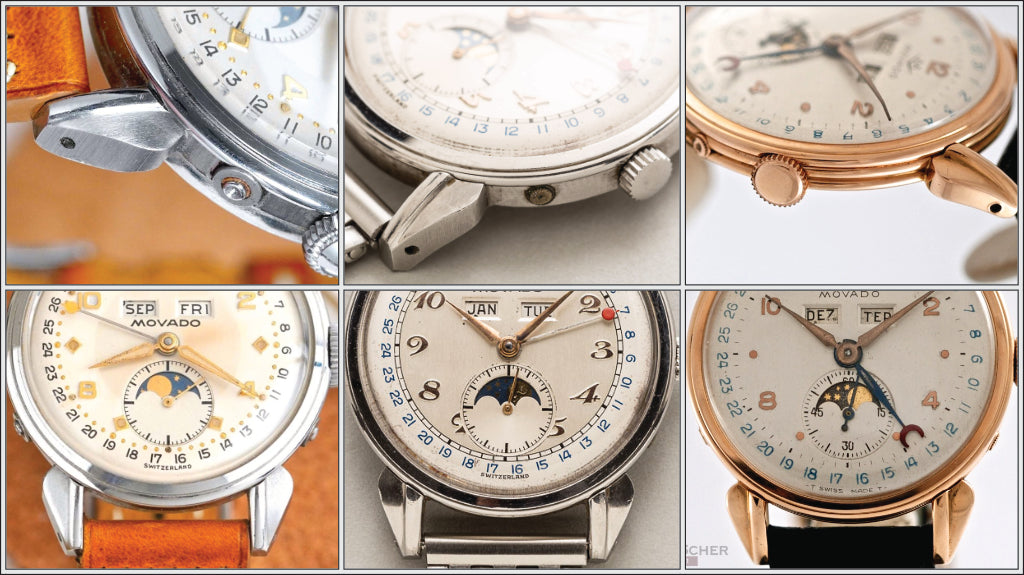 Drei Beispiele für Celestografs von Movado mit ähnlichem Gehäusedesign, aber unterschiedlichen Details