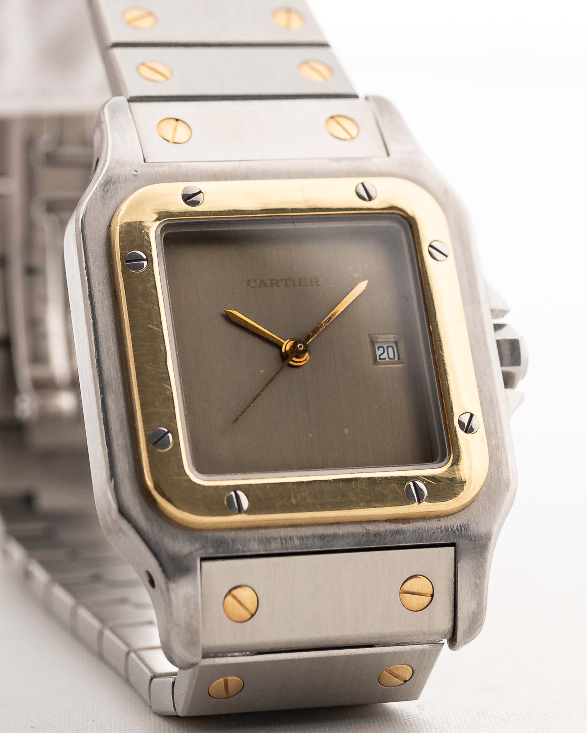 Cartier santos Uhr - Cartier Santos Carrée 2961 Ghost - Edelstahl Gelbgold - schiefergraues Zifferblatt Nahaufnahme