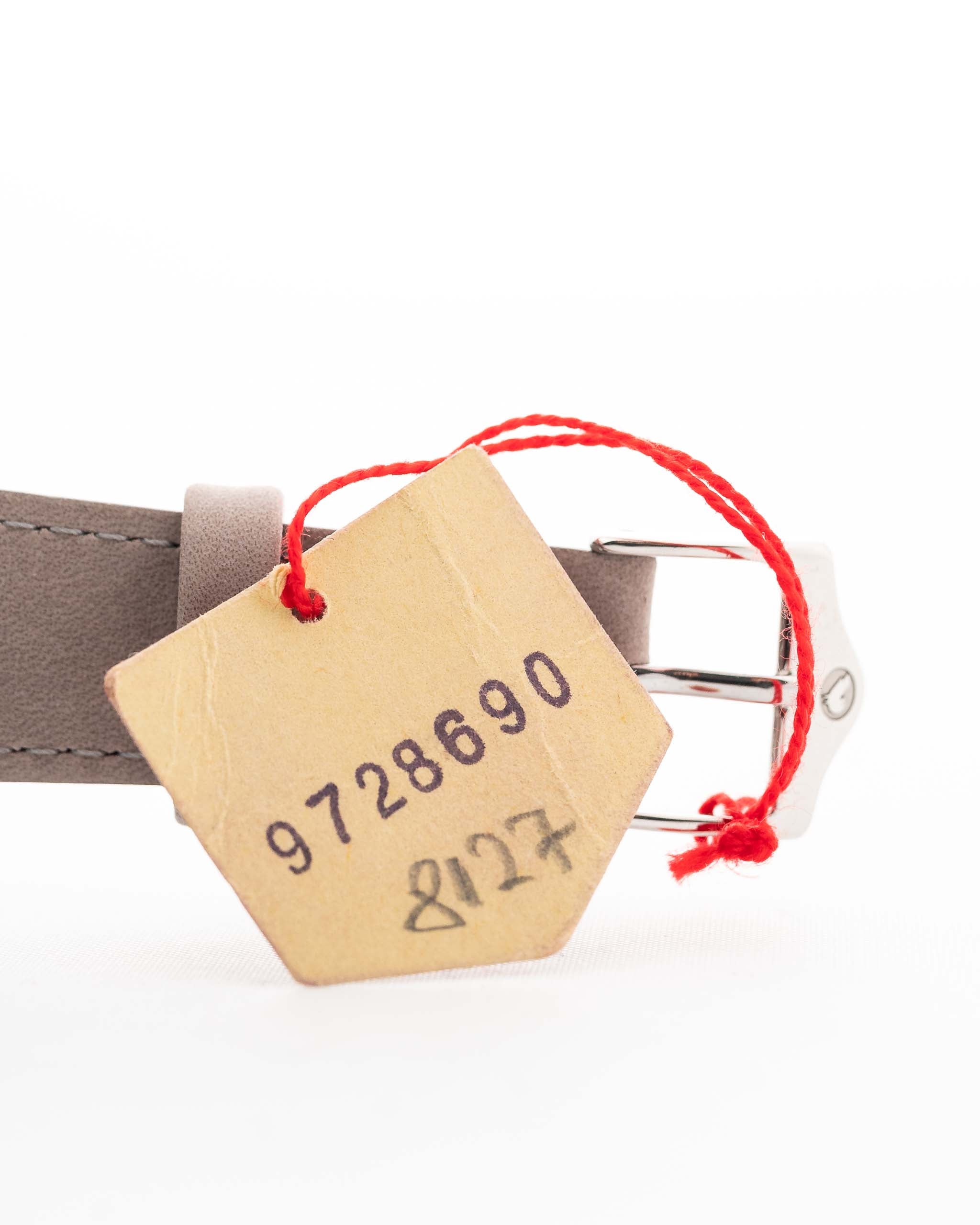 Nahaufnahme einer Vintage Omega Jumbo Radium von 1935 mit Lederarmband. 37,5 mm mit Edelstahlgehäuse, Handaufzugswerk, original silbernem Eisenbahnzifferblatt und Lederarmband.