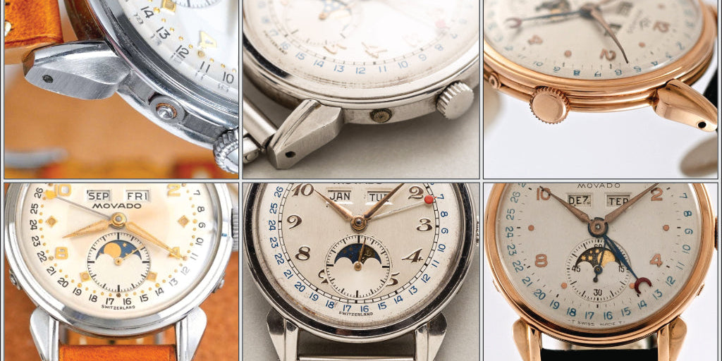 Tres ejemplos de Celestograf de Movado con diseño de caja similar pero detalles diferentes