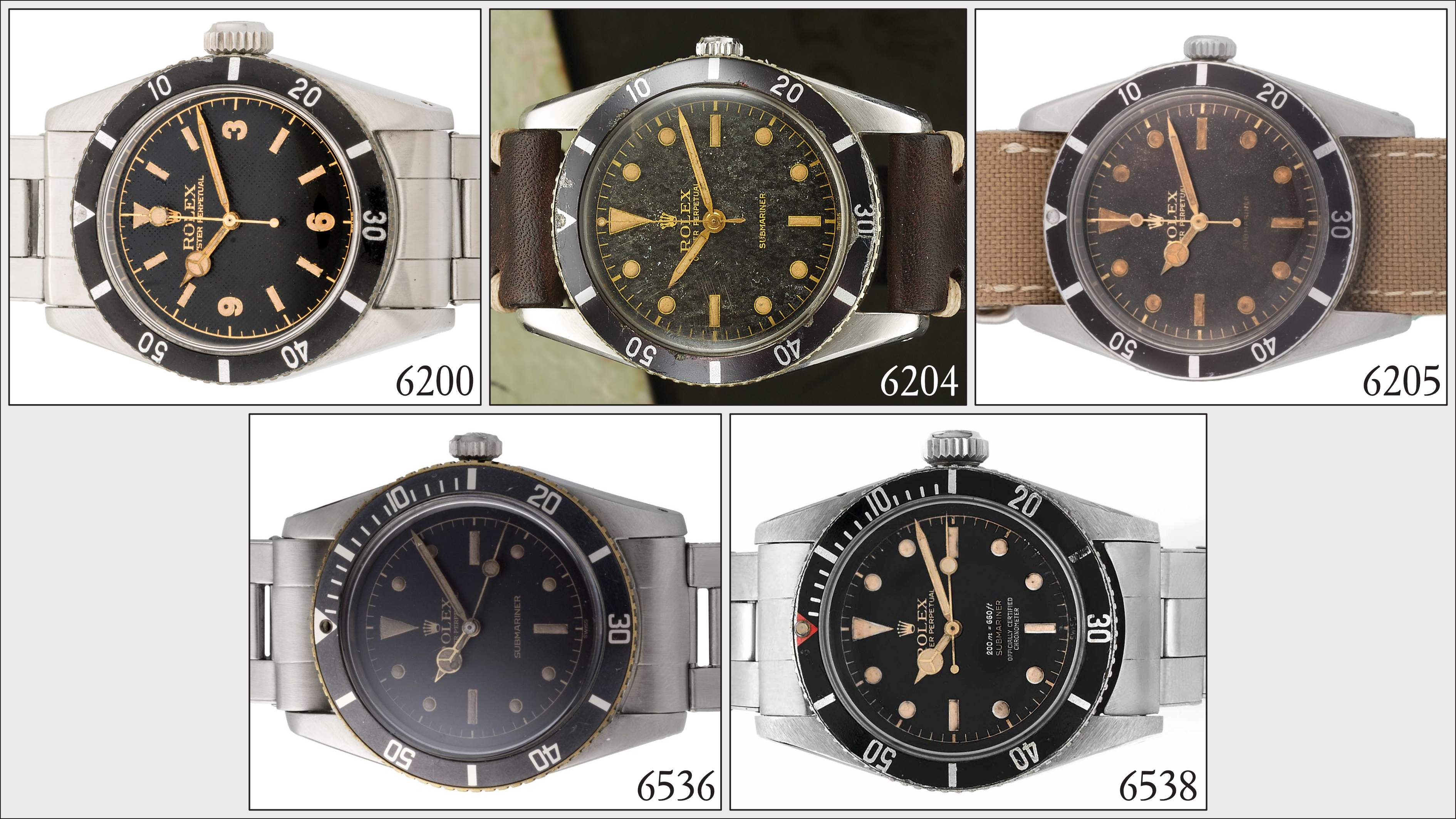 Comparación de las cinco primeras referencias antiguas del Rolex Submariner de la década de 1950