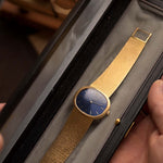 Reloj vintage Patek Philippe 3583 Ellipse d'Or de los años 70, caja de 34 mm de oro amarillo de 18 quilates, Calibre 175 manual, esfera azul con efecto sol, brazalete de oro en caja