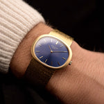 Reloj vintage Patek Philippe 3583 Ellipse d'Or de los años 70, caja de 34 mm de oro amarillo de 18 quilates, Calibre 175 manual, esfera azul con efecto sol, brazalete de oro, vídeo
