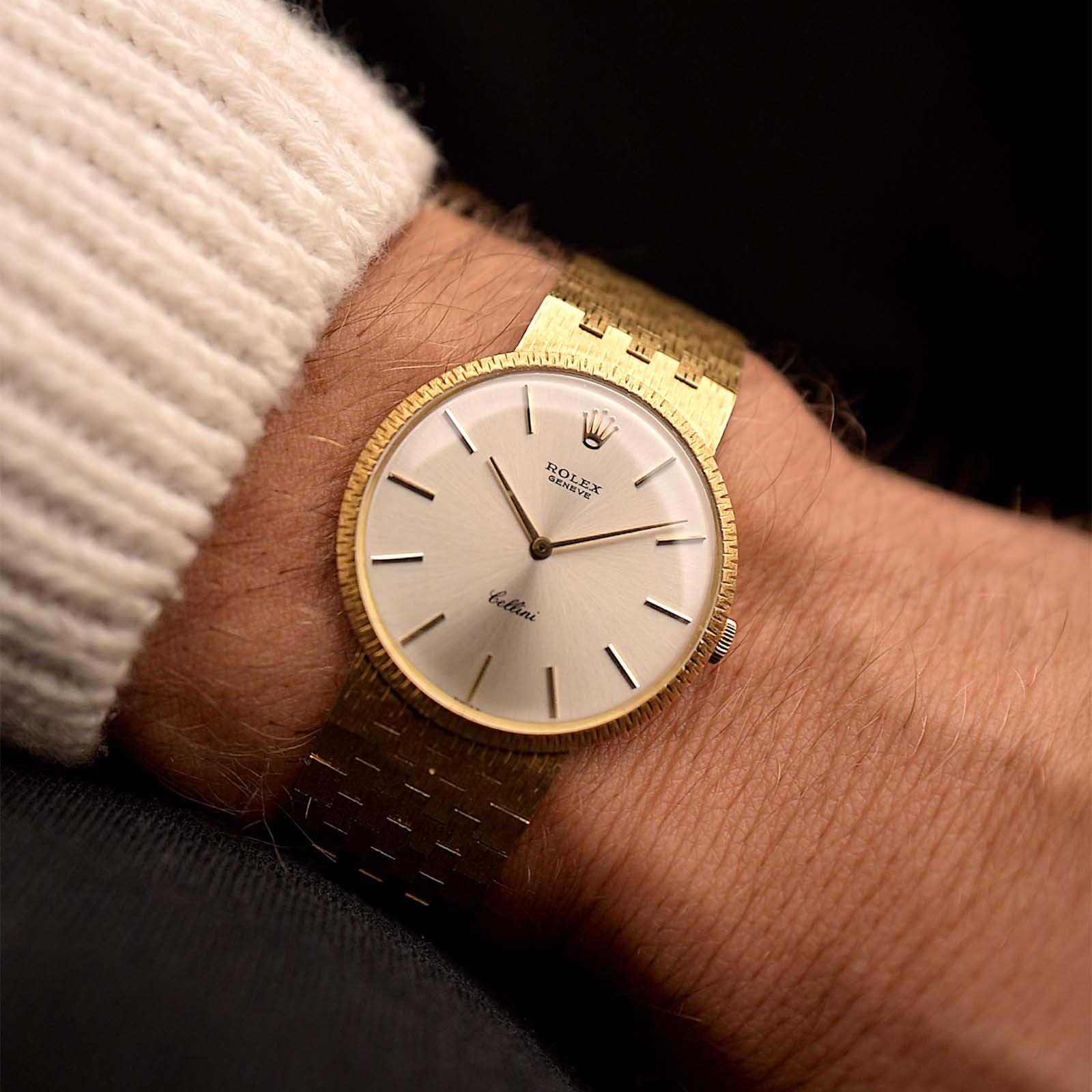 Vintage Rolex Cellini 3661 watch 18k from 1968 on a wrist. 31mm in 18k Yellow Gold with Rolex Cal. 1600 Manual wind, Flawless sunburst silver dial and Gold bracelet.