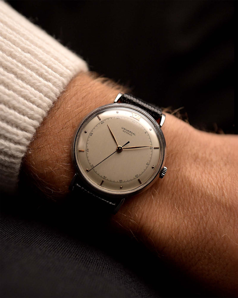 Vintage Universal Geneve 20706 Cal. 263 Major Twelve from 1945 on a wrist. 35mm with Stainless Steel Case, Manual Cal. 263 movement, Silvered dial, Leaf hands and Black Leather strap.