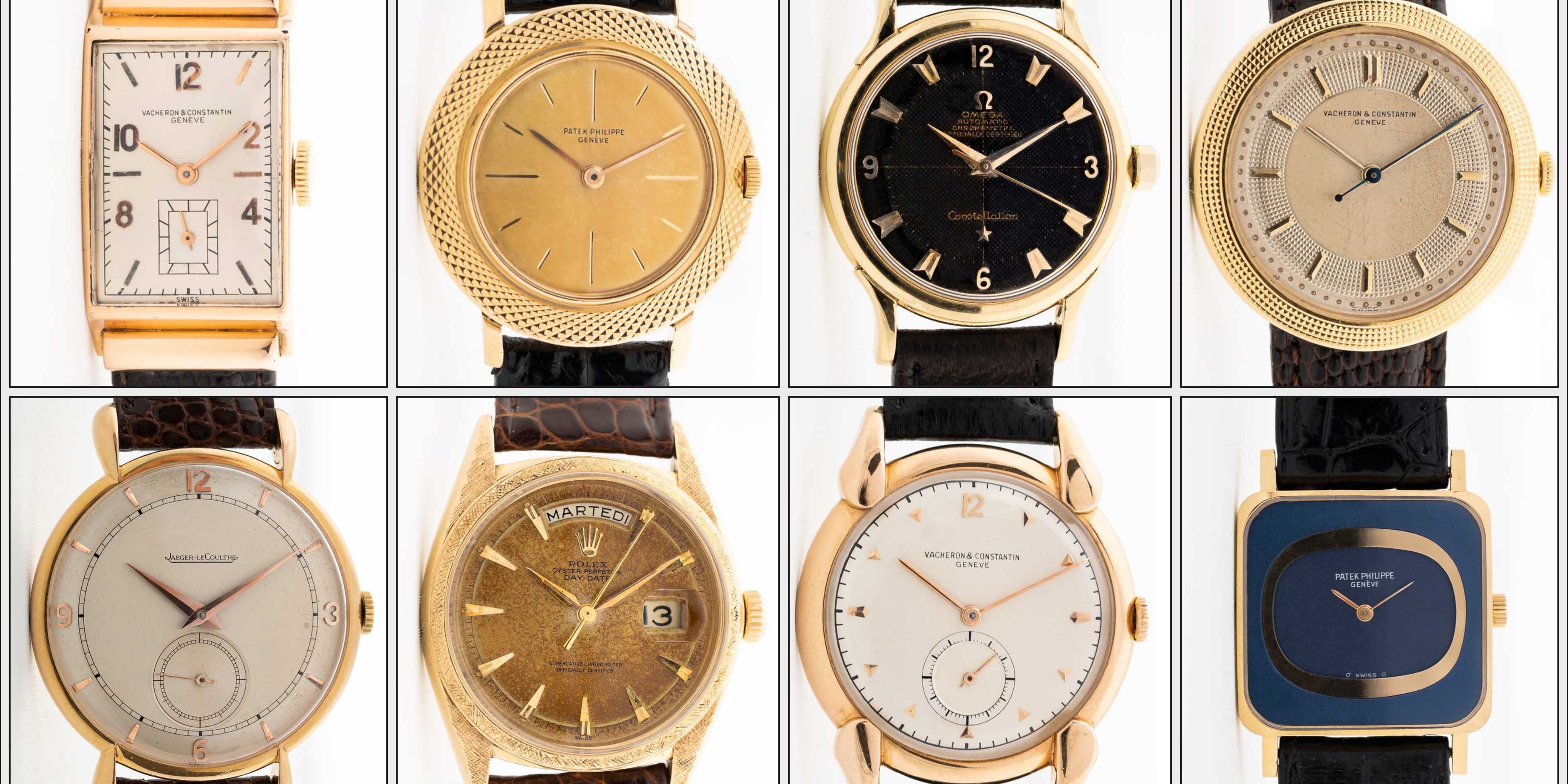 Selection of vintage watches from various brands with cases made in Geneva