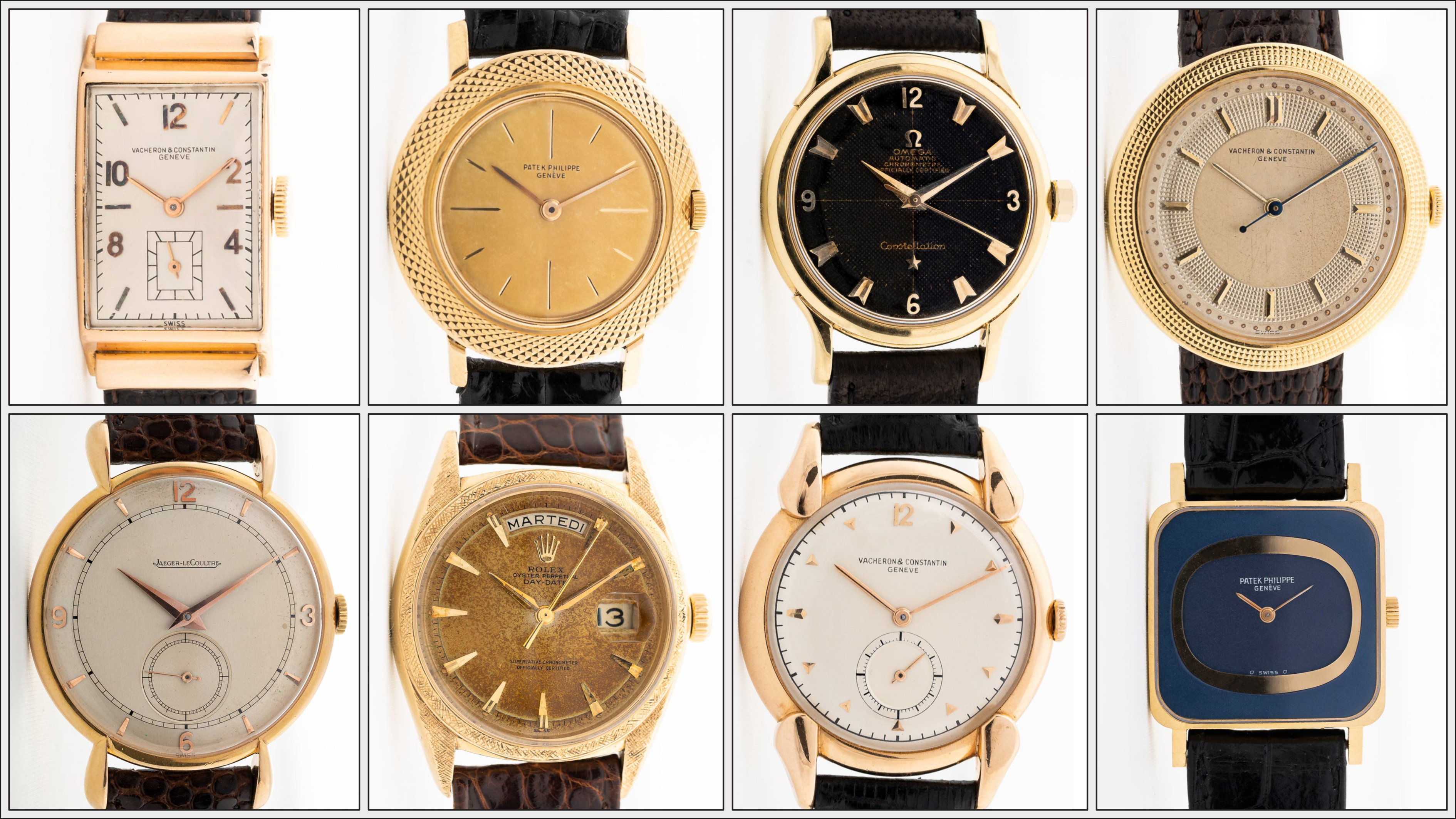 Selection of vintage watches from various brands with cases made in Geneva