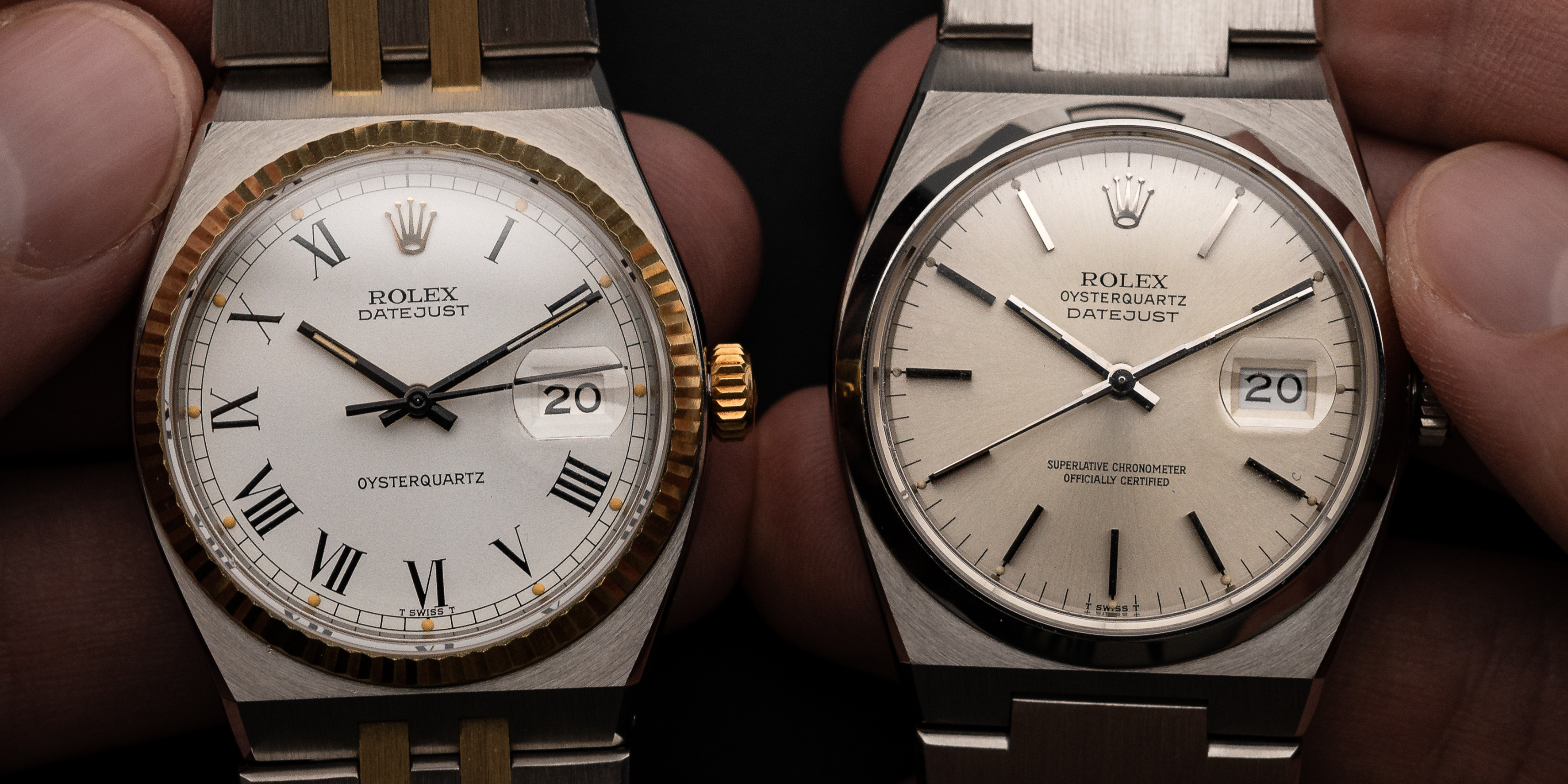 two vintage 1980s Rolex Oysterquartz held in hand