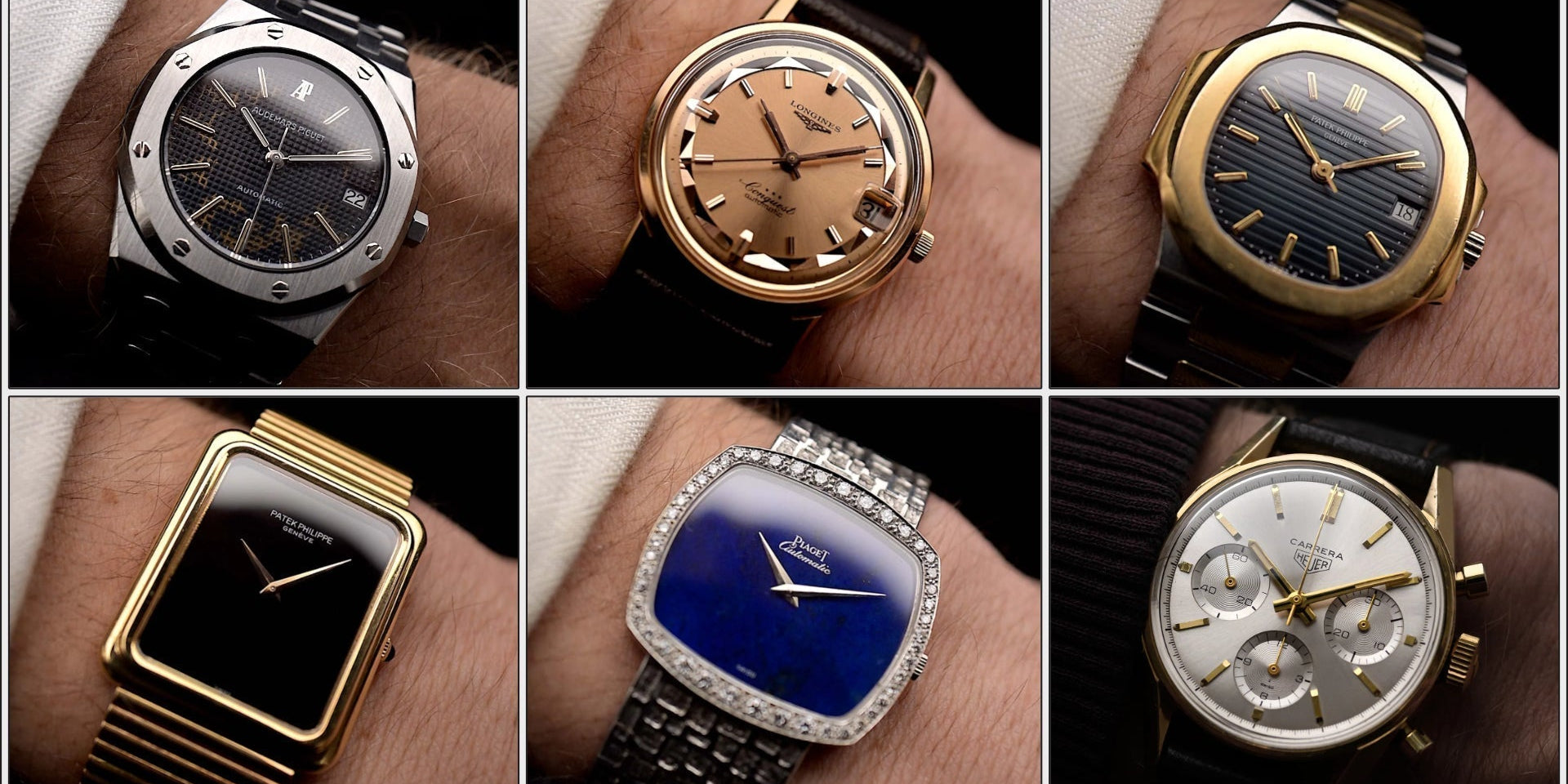 various examples of vintage watches with different case materials