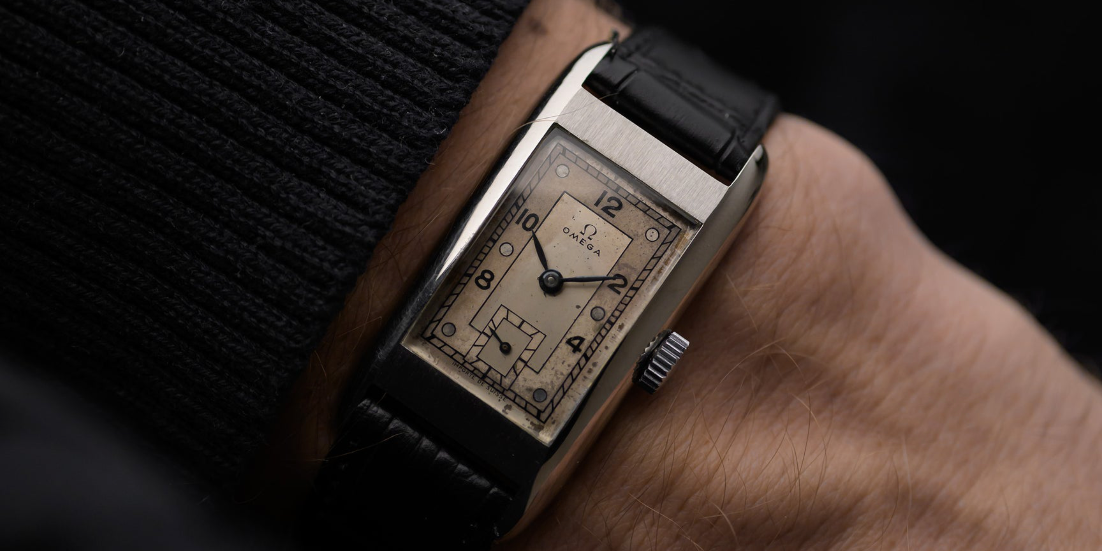 vintage 1930s Omega Curvex Artdeco timepiece on the wrist