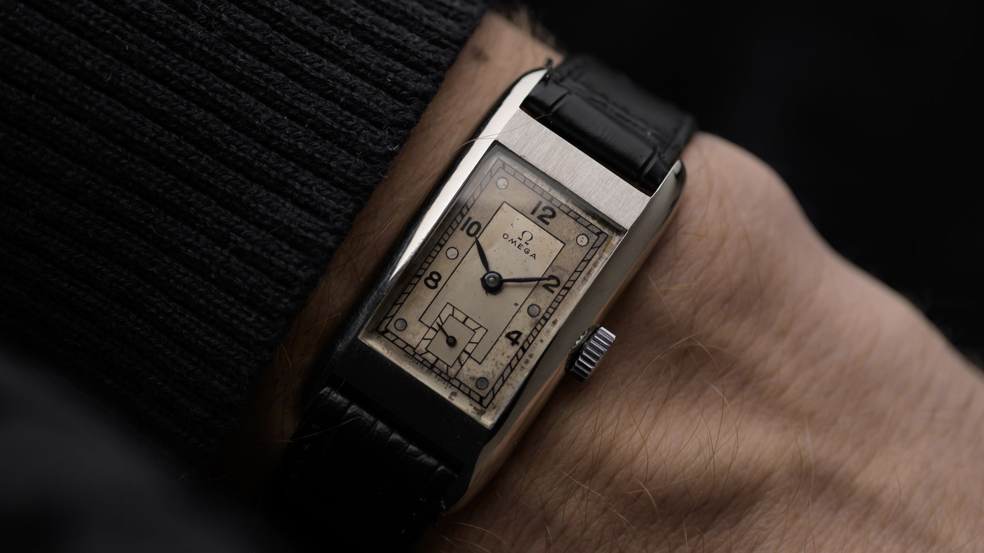 vintage 1930s Omega Curvex Artdeco timepiece on the wrist