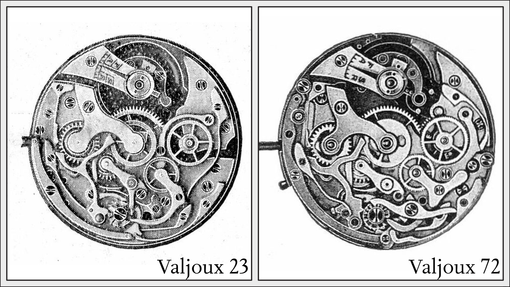 Comparison of the manually wound Valjoux 23 and 72 chronograph calibers