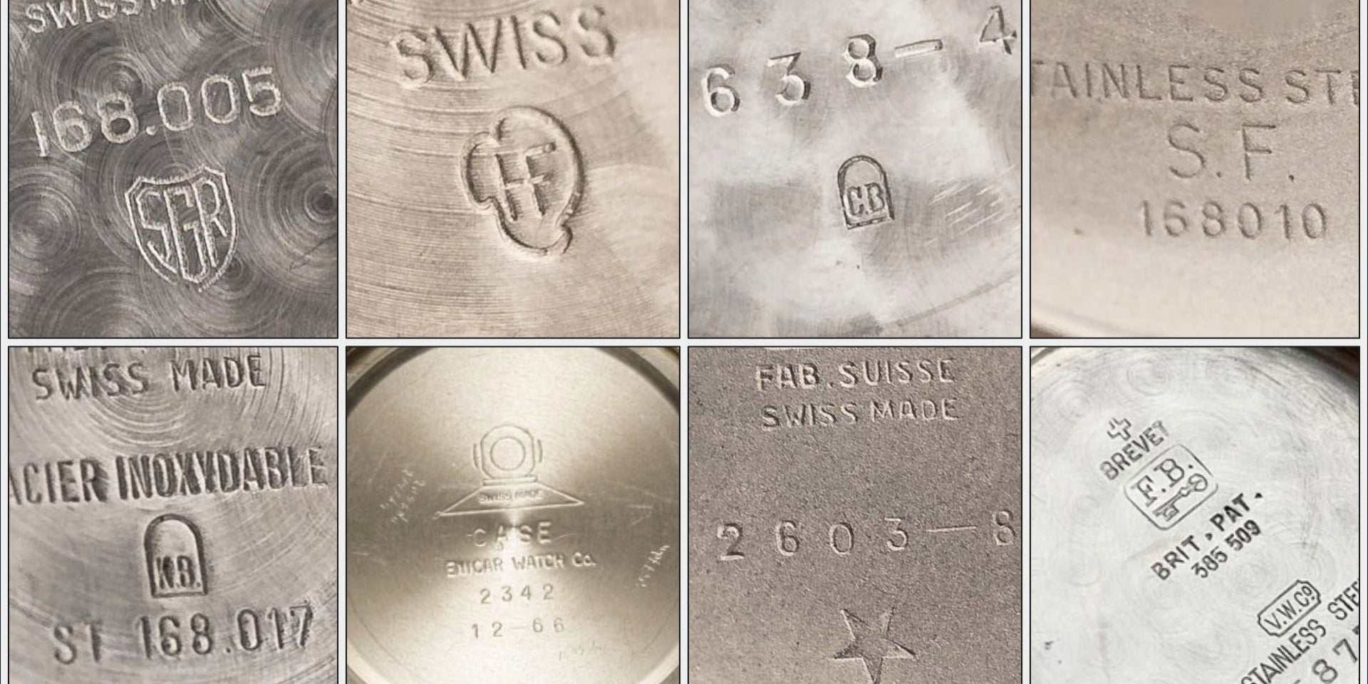 Several examples of hallmarks on vintage steel watches