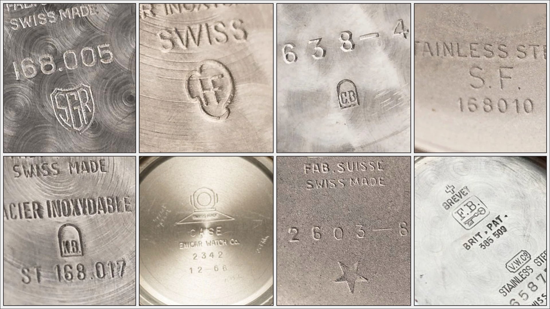 Several examples of hallmarks on vintage steel watches