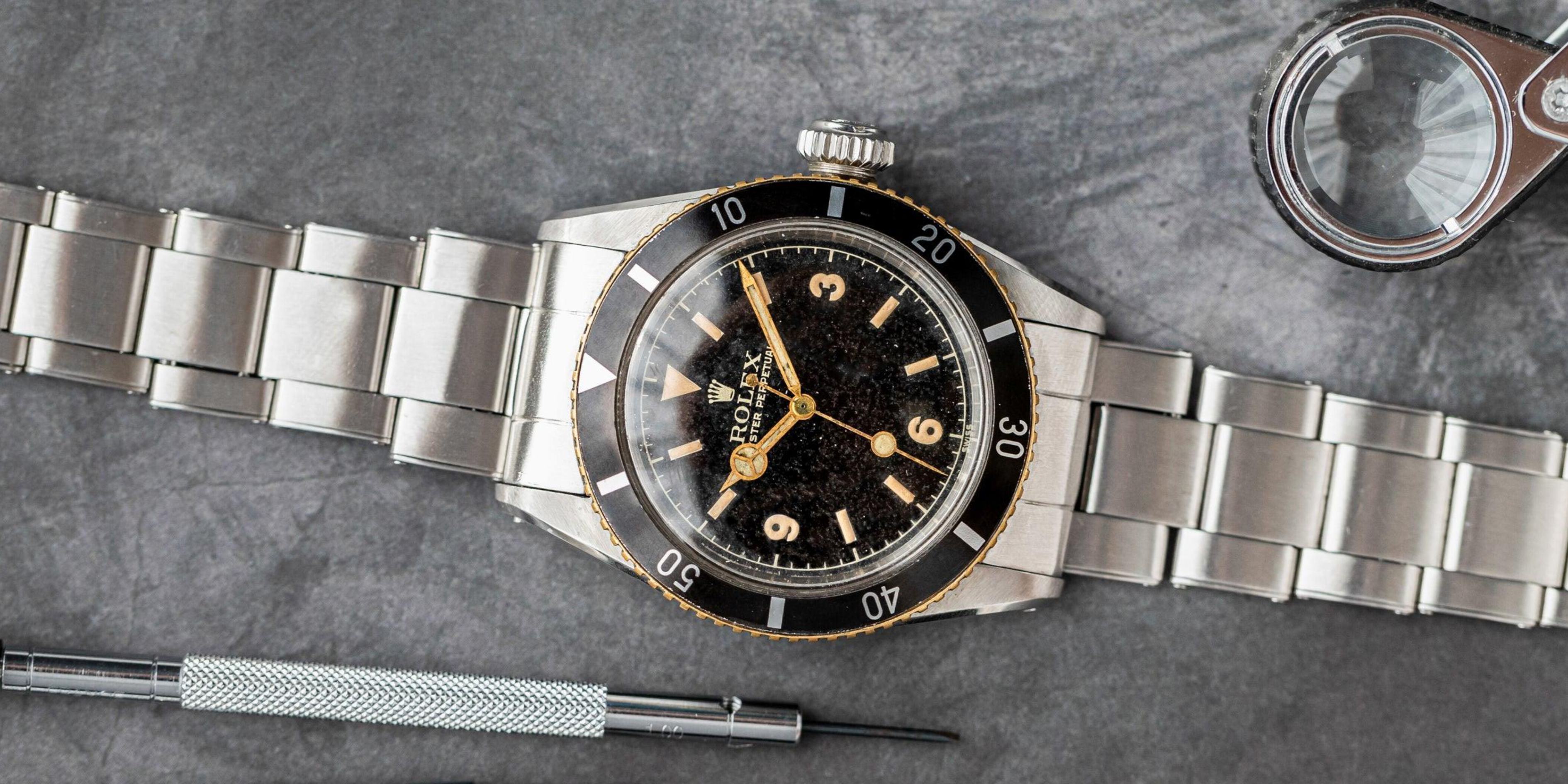 a very rare and collectible Rolex Submariner 6200 King Sub with Explorer dial