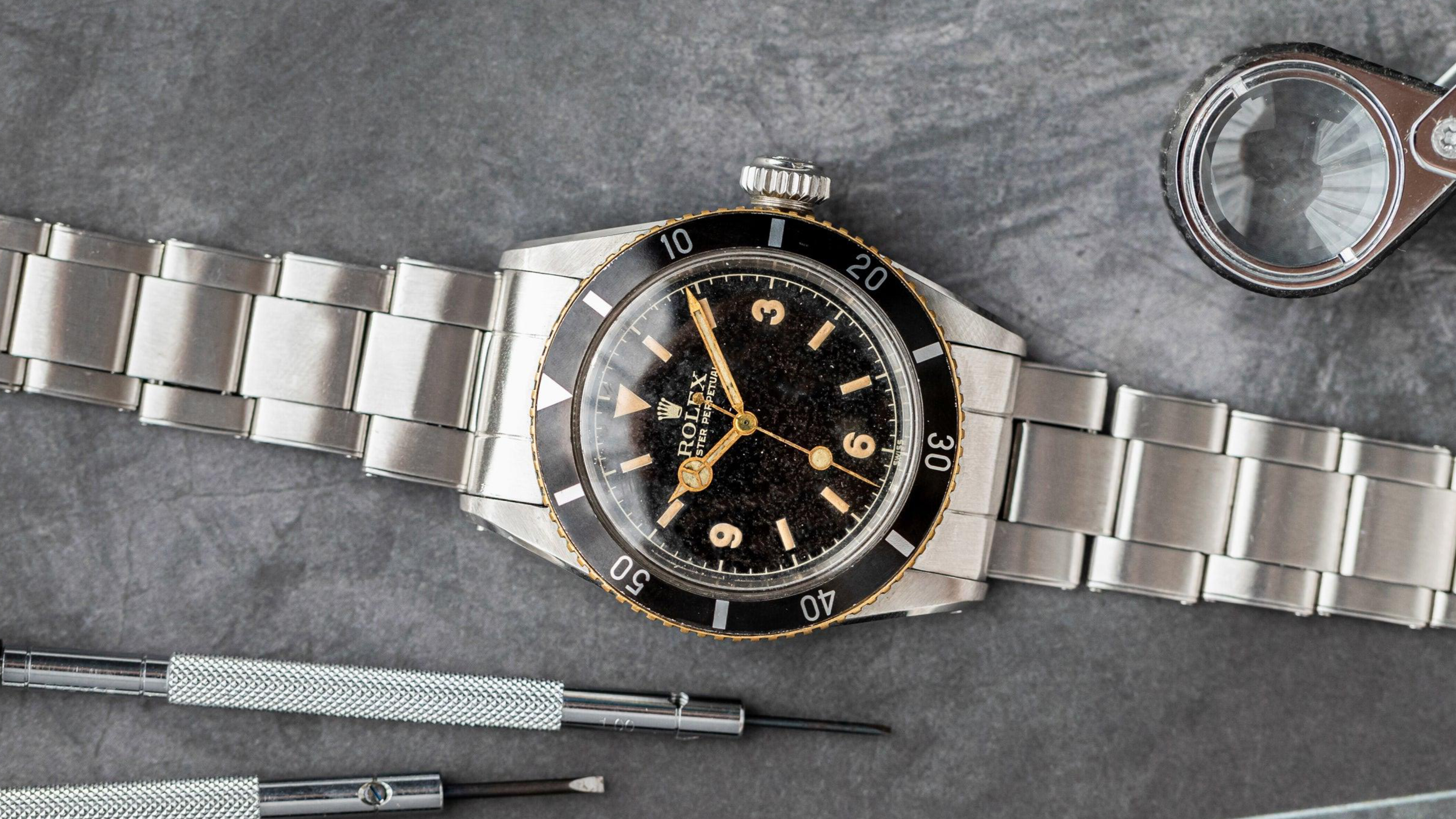 a very rare and collectible Rolex Submariner 6200 King Sub with Explorer dial