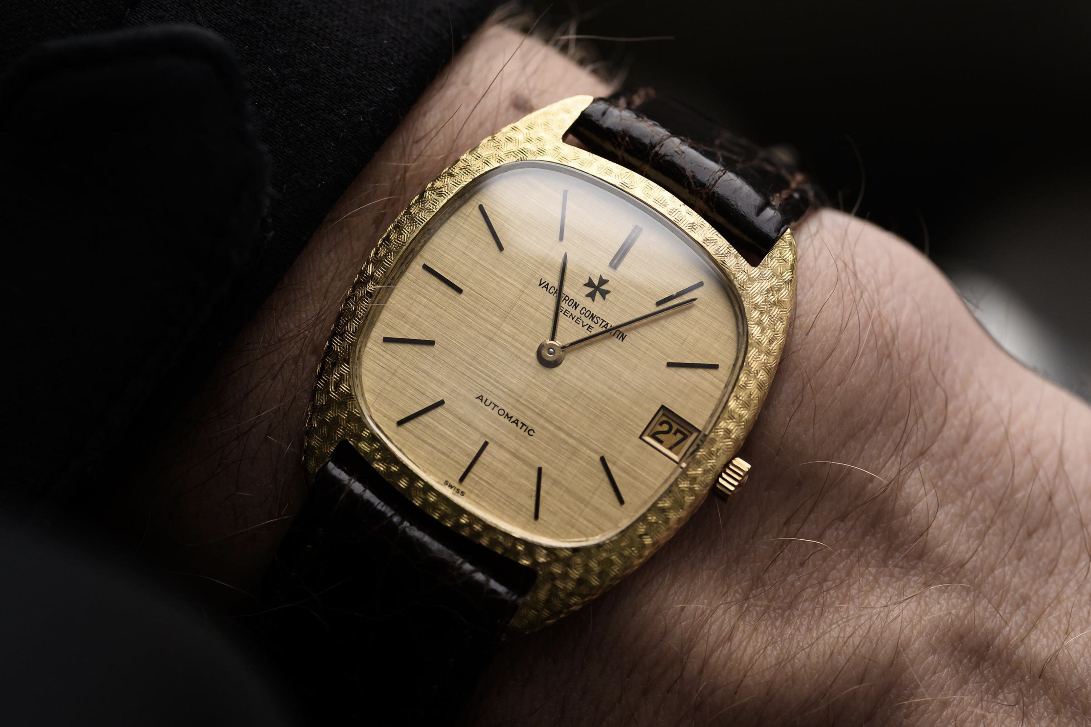 wristshot of a vintage 1970s Vacheron Constantin with hammered case