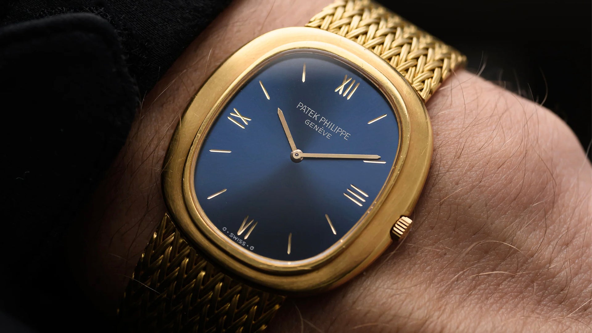 wristshot of a vintage Patek Philippe Golden Ellipse ref. 3589