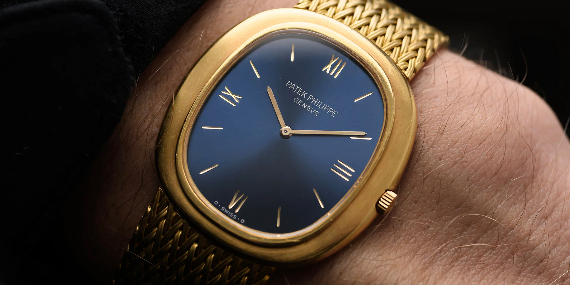 wristshot of a vintage Patek Philippe Golden Ellipse ref. 3589