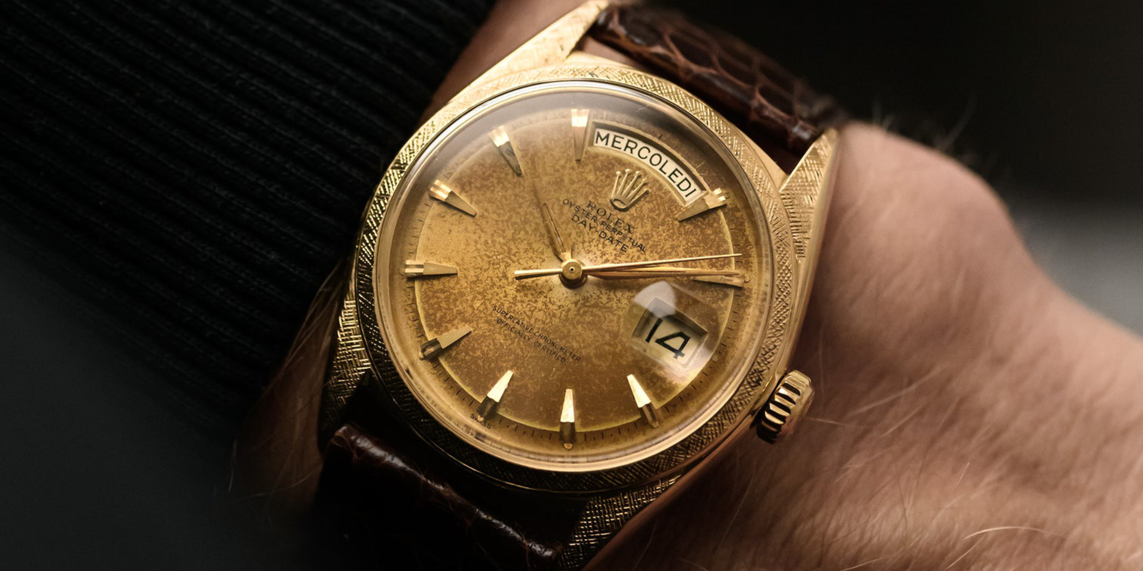 Amazing vintage Rolex Day-Date with Florentine finish and patinated dial