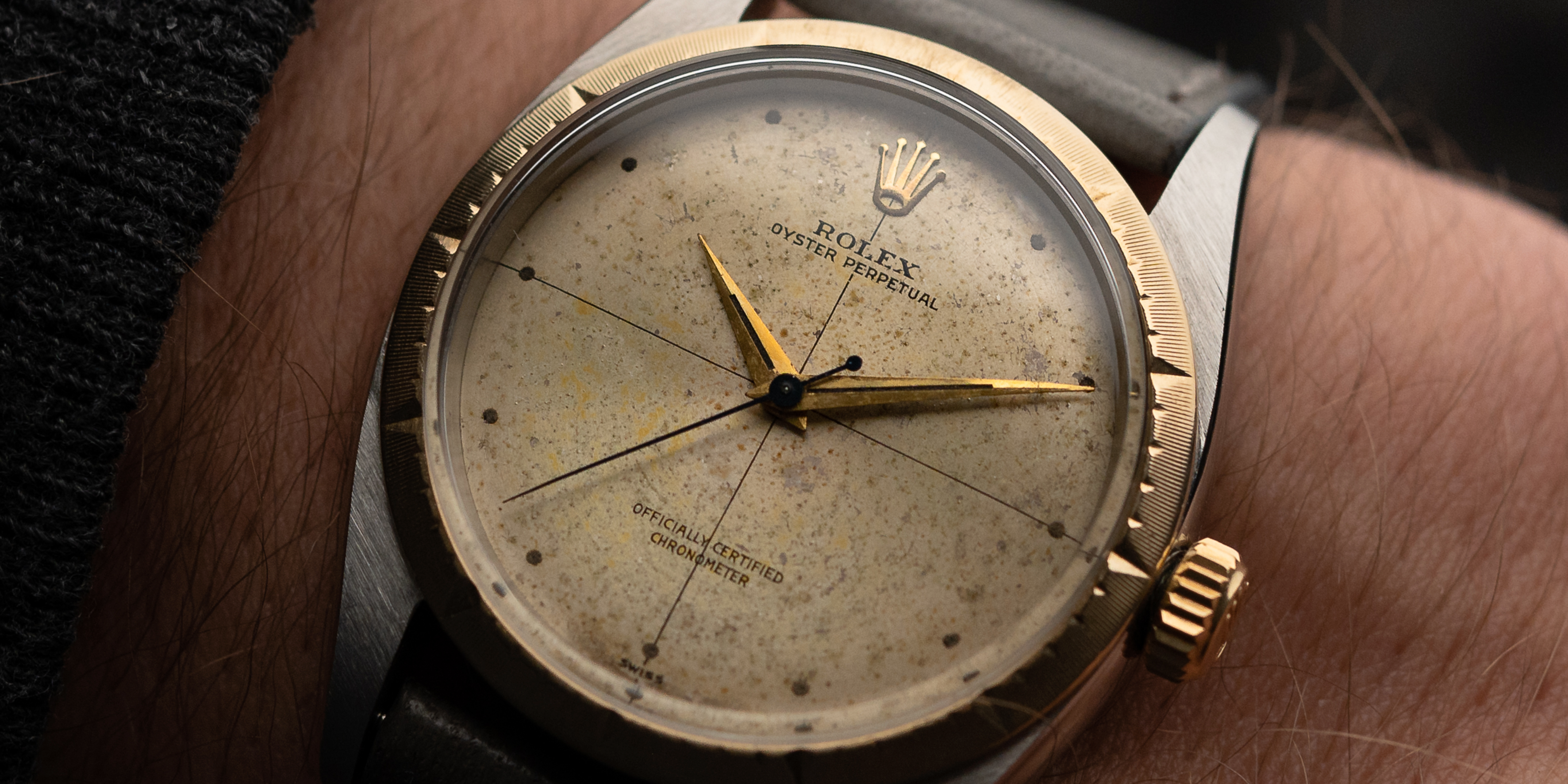 wristshot of a vintage 1960s Rolex Zephyr ref. 1008