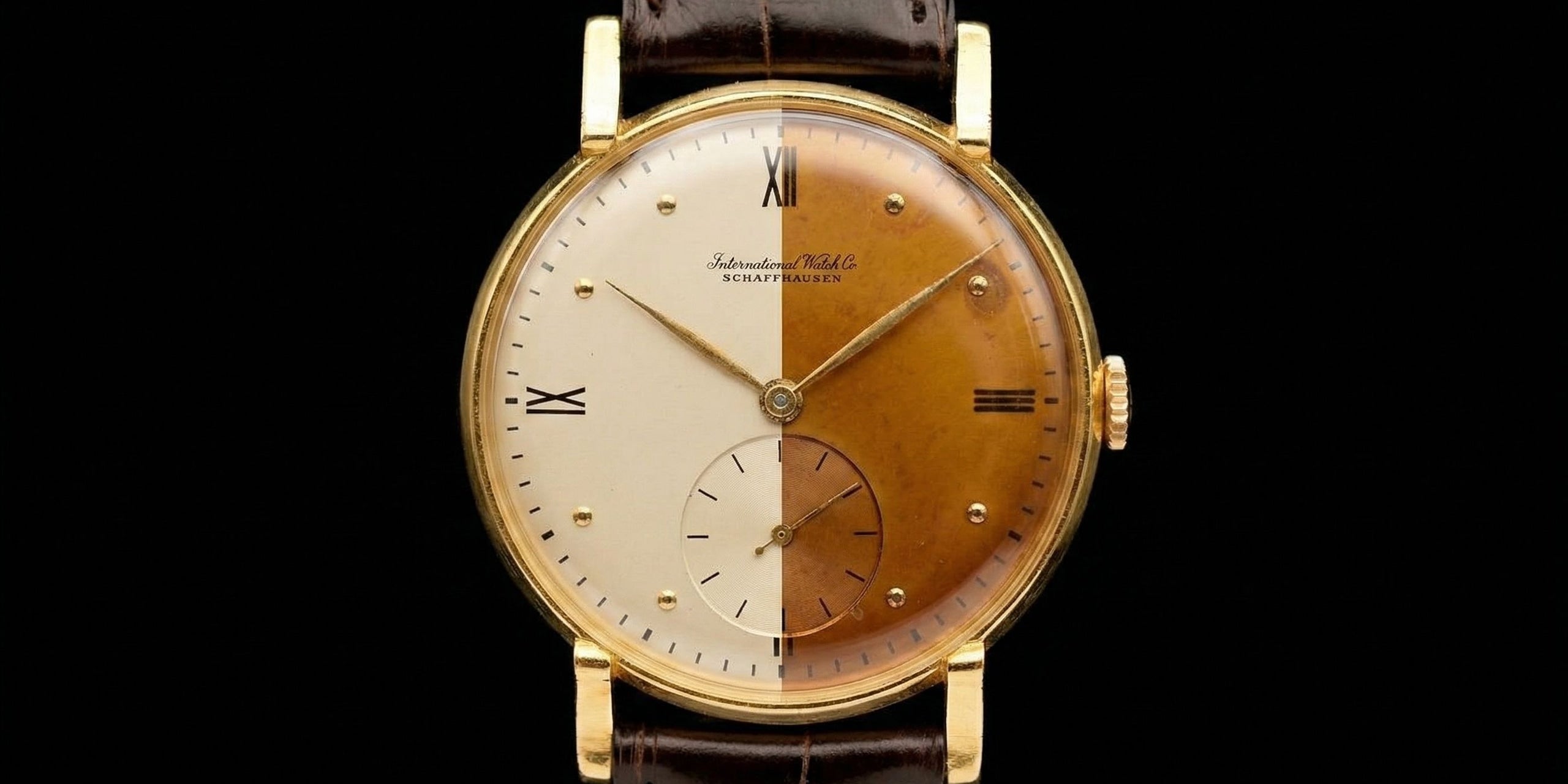 Vintage IWC Schaffhausen gold watch showing before-and-after dial patina comparison